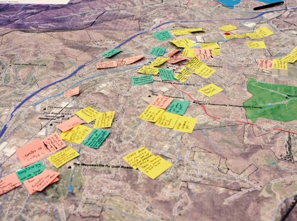 Citizens took pens to maps June 21 at a public input session for Waynesville’s forthcoming comprehensive plan. Cory Vaillancourt photo