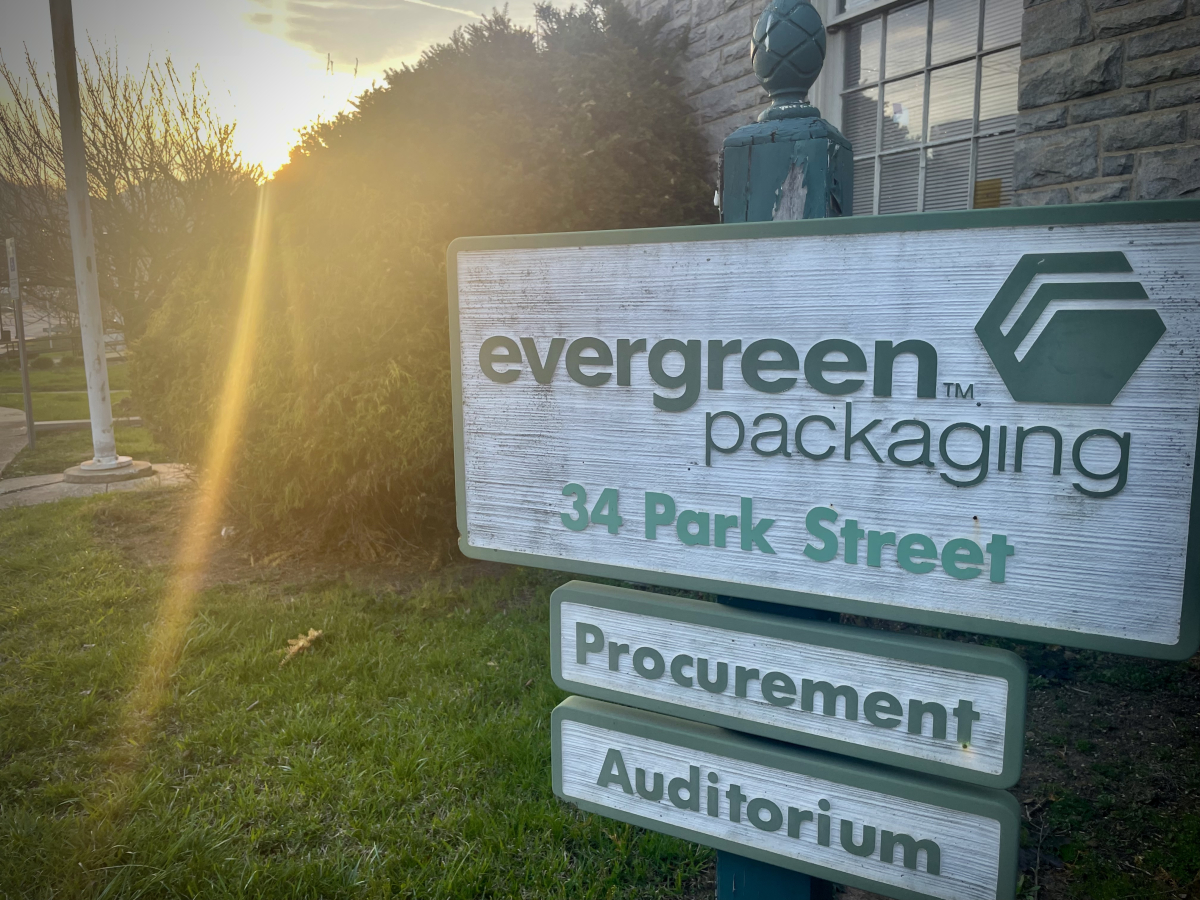 The sun sets on Pactiv-Evergreen&#039;s Canton mill as its closing is announced to workers on the evening of March 6.