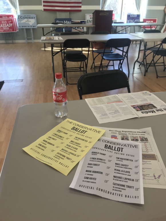 A pair of &quot;official conservative ballots&quot; sit on a table at the Haywood County Republican Party Headquarters in Waynesville on Feb. 14. 