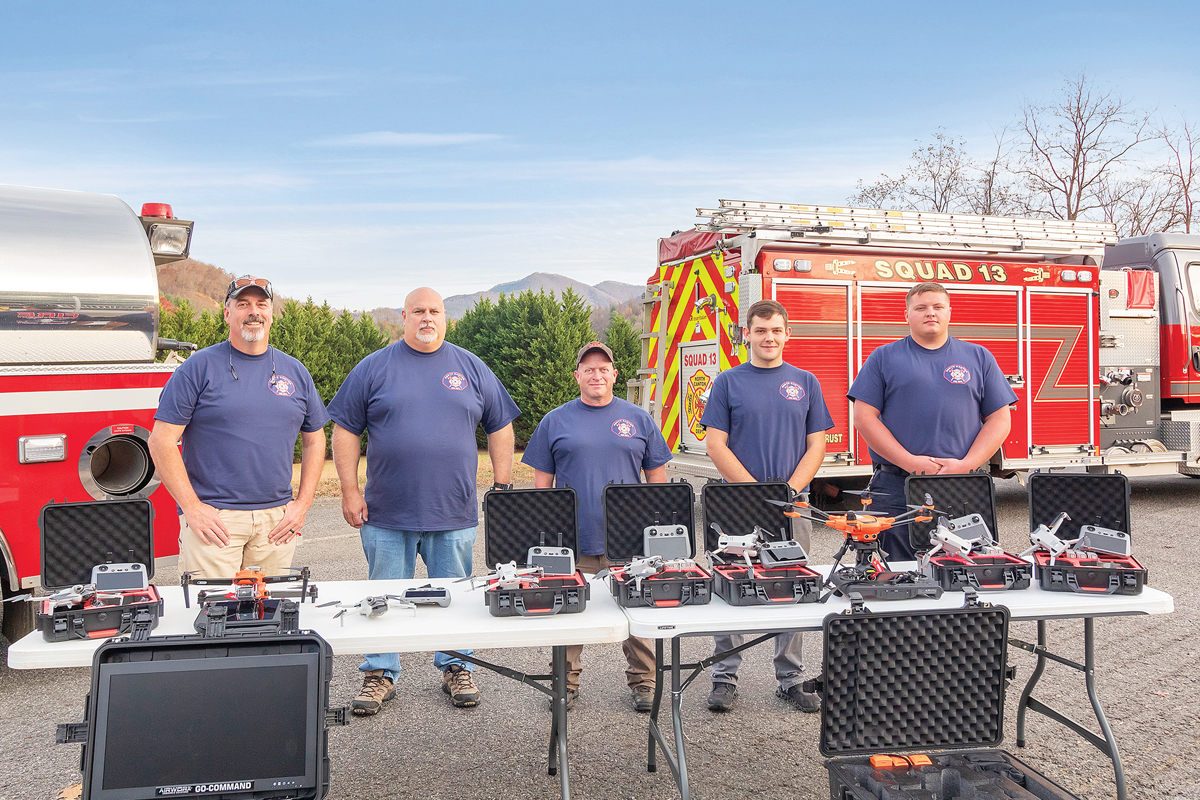 Pictured from left to right are members of North Canton Fire Department’s drone unit  — Allen Newland, Tony Pope, Steve Kelley, Chance Best and Billy Hannah.  Not pictured are Levi Allen and Christian Wilkie. Julie Newland photo