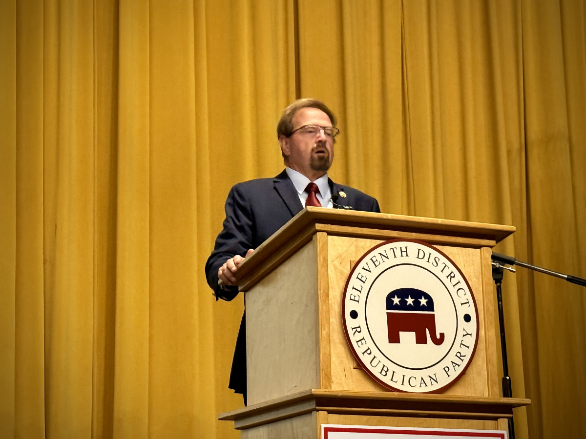 Rep. Chuck Edwards (R-Macon) speaks to delegates at the NC-11 GOP convention held at Tuscola High School in Waynesville on April 26.