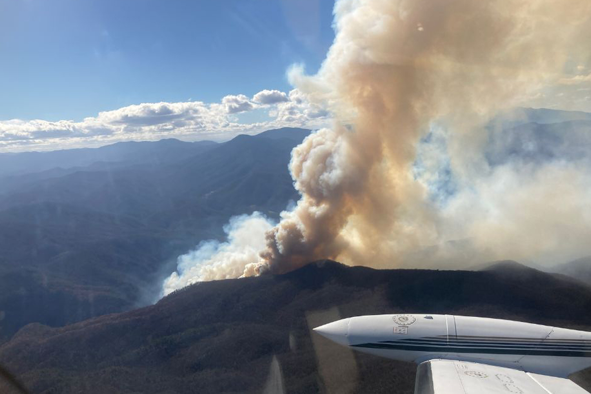 The Black Bear Fire burns below an aircraft dispatched to fight the fire.  U.S. Forest Service photo
