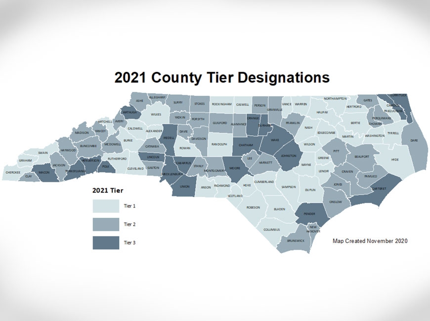 The 2021 County Development Tiers map shows persistent poverty—and prosperity—in the usual regions. NCDOC map.