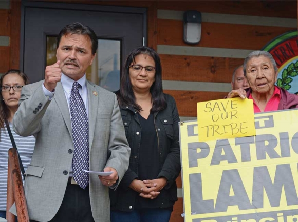Patrick Lambert speaks to his supporters in front of the Cherokee Council House after Tribal Council voted to remove him from office in May 2017. Holly Kays photo