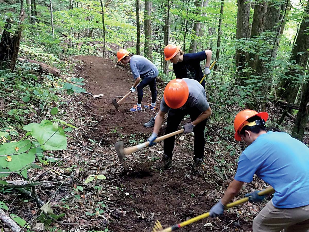 Volunteers work to improve trail tread in the Great Smoky Mountains National Park. NPS photo