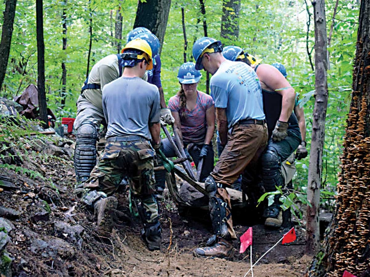 Crews work on the trail relocation at Loudoun Heights, West Virginia. Appalachian Trail Conservancy photo