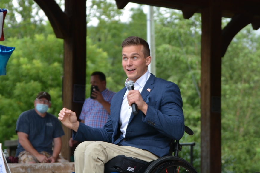 Rep. Madison Cawthorn speaks at a rally in Sylva this past summer. 