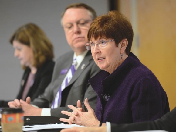 Pat Kaemmerling, co-chair of the Chancellor Search Committee and chair of the Western Carolina University Board of Trustees, speaks during a search committee meeting earlier this year. File photo