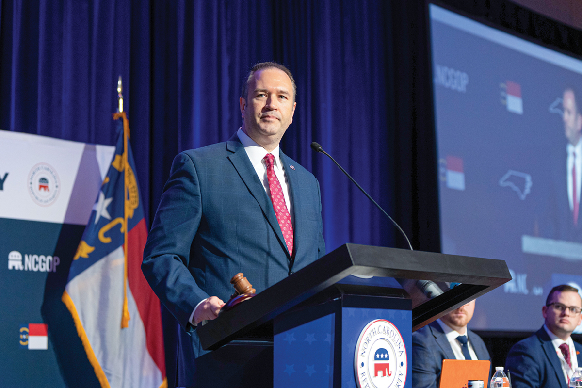 NCGOP Chairman Jason Simmons, seen here at the 2024 State Convention in Greensboro last May, is responsible for nearly every aspect of party operations in North Carolina. Allison Kuhn photo