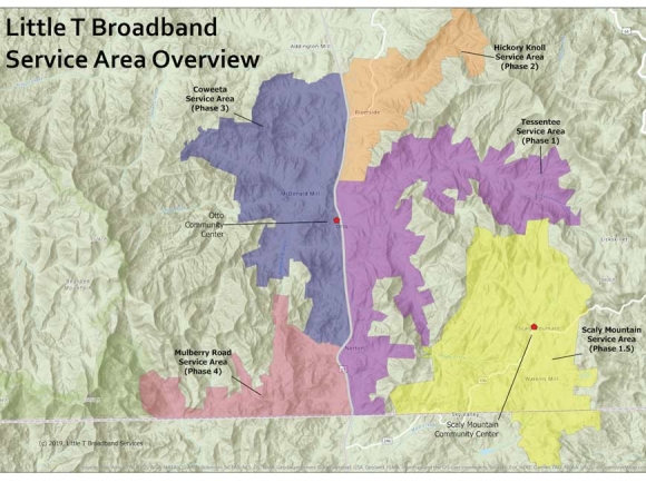A map shows Little T Broadband’s proposed service areas for high-speed internet service. Courtesy of Little T Broadband. 