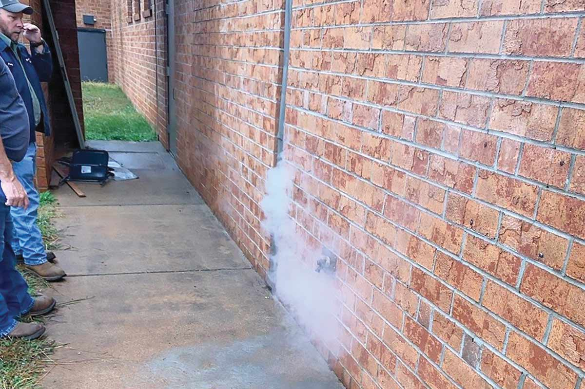 A smoke test revealed where sewer gas is leaking through pipe gaps at Macon Middle School. MCS photo