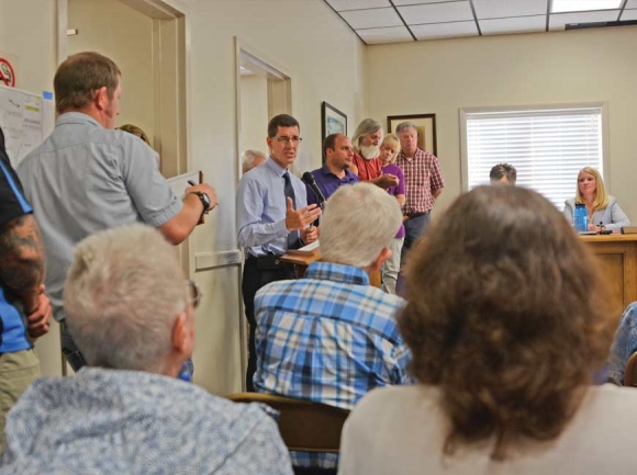 Community members crowd Sylva Town Hall Aug. 6 for a public meeting on the road project. Holly Kays photo
