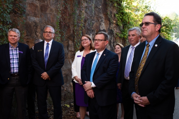 Speaker of the House Tim Moore (center) tours Western Carolina University’s old steam plant with (left to right) WCU Board of Trustees Member Tim Haskett, Jackson County Commissioner Ron Mau, WCU Chancellor Kelly Brown, Sen. Jim Davis and Rep. Kevin Corbin. 
