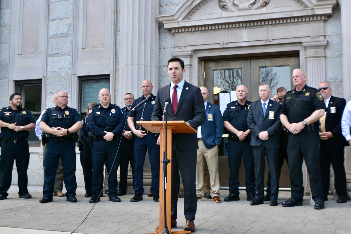 North Carolina Attorney General Jeff Jackson speaks to reporters at the Historic Haywood County Courthouse on April 15.