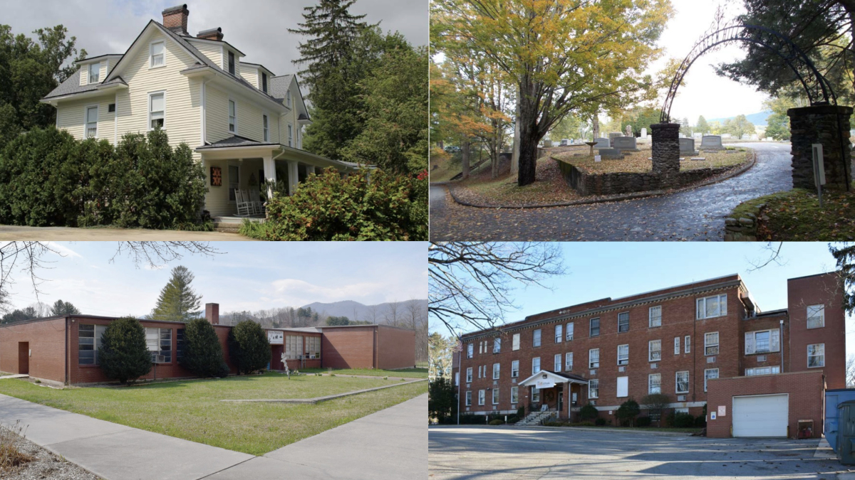 including (clockwise, from upper left) the Windover/Howell House, Green Hill Cemetery, the Historic Haywood Hospital and the Old Pigeon School. 