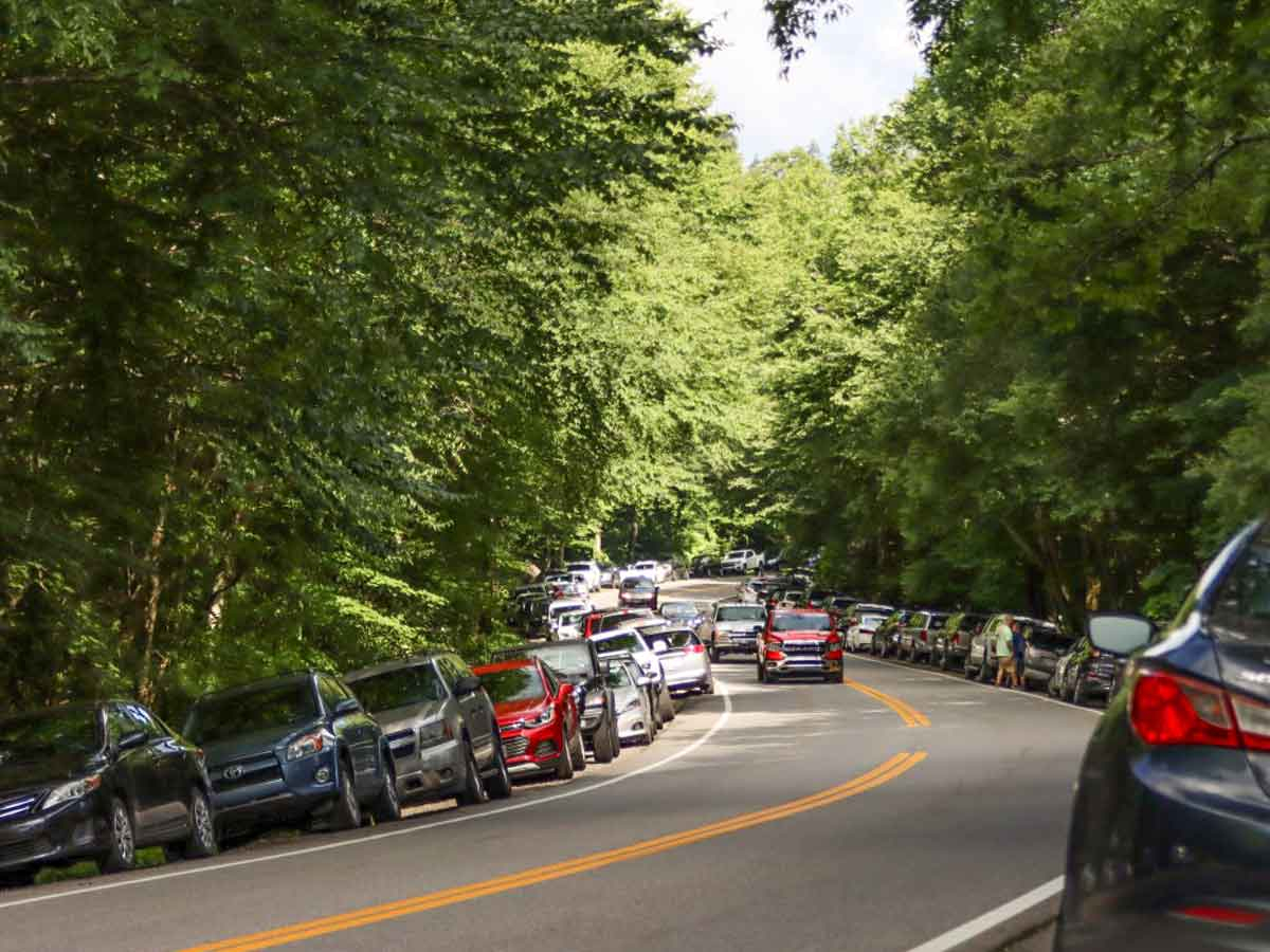 On a Saturday in July 2020, cars line both sides of Newfound Gap Road near the trailhead for Alum Cave Trail. NPS photo