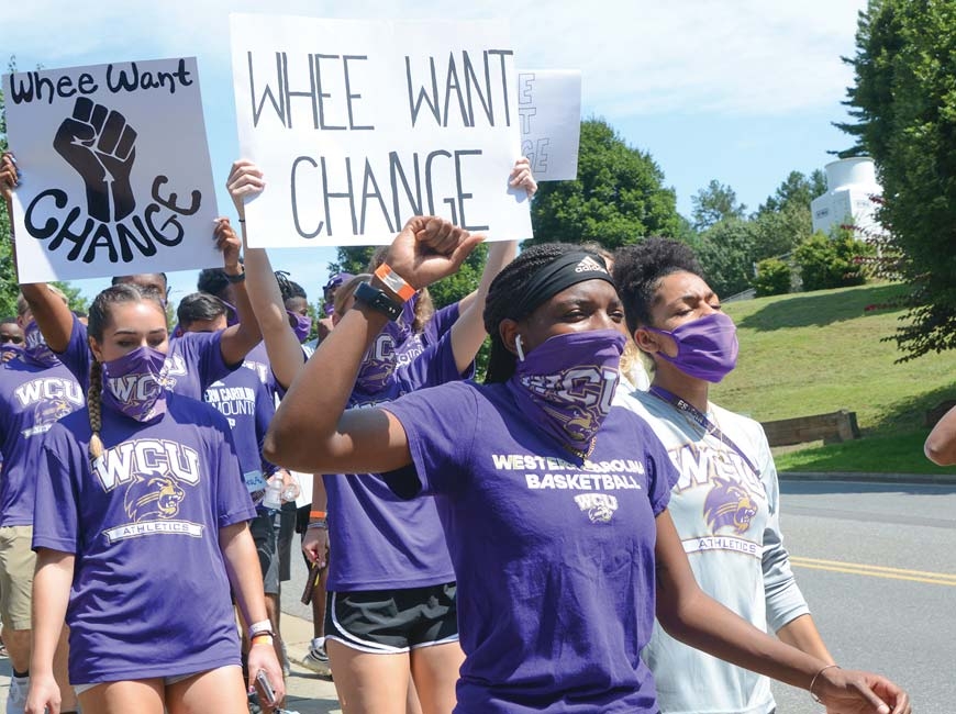 Western Carolina University athletes led a march through campus Aug. 26 calling for an end to racism and more clarity in university policies addressing it. Holly Kays photo