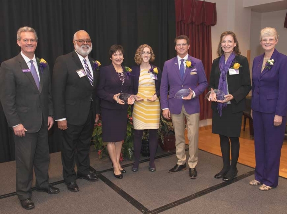 Pictured are Marty Ramsey, director of Alumni Engagement; (from left) Ed Holland, president of the Alumni Association; Susan Brummell Belcher, recipient of the Distinguished Service Award; Mary Beth Fallin Hunzaker, recipient of the Young Alumni Award; Kenny Messer, recipient of the Professional Achievement Award; Elizabeth Ransom, recipient of the Academic Achievement Award; and Alison Morrison-Shetlar, interim chancellor.