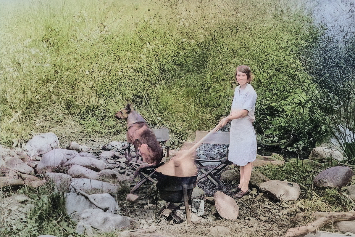 Missie King Oakley makes apple butter at Twin Creeks in 1933, once a common fall chore in the Smokies. 