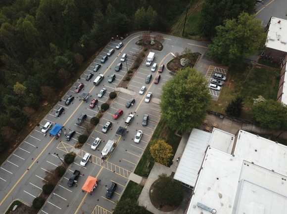 Cars line up for drive-thru COVID-19 testing at Haywood Community College on the morning of April 28. Haywood County photo