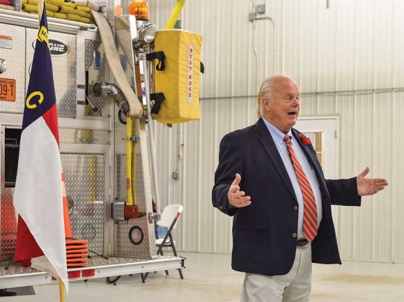 Waynesville Democrat Joe Sam Queen addresses supporters at a firehouse in Jackson County Nov. 9. Cory Vaillancourt photo