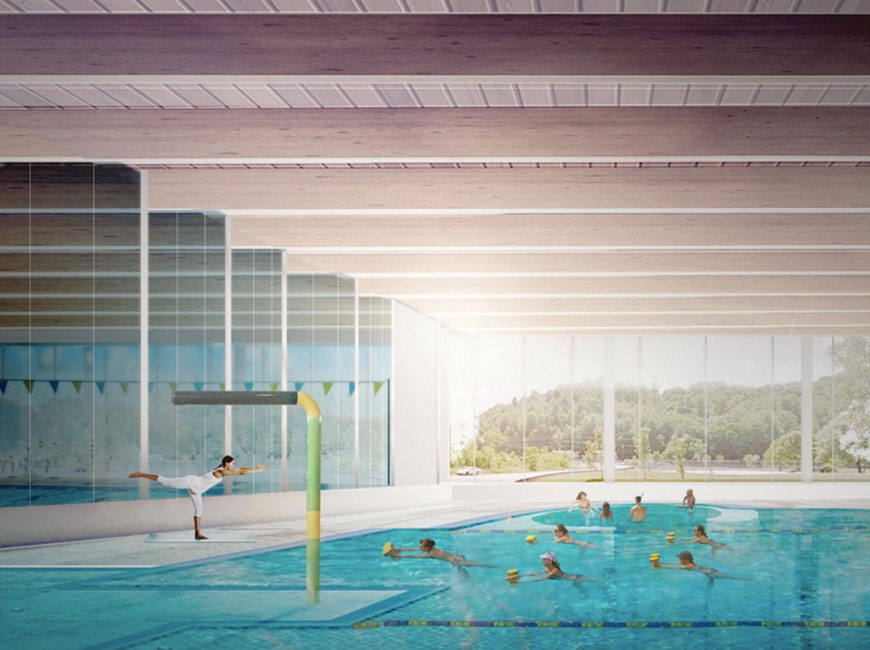 The aquatic center would include a competition pool as well as a leisure pool (pictured) complete with splash pad, therapy pool and nets for both basketball and volleyball. ClarkNexsen rendering