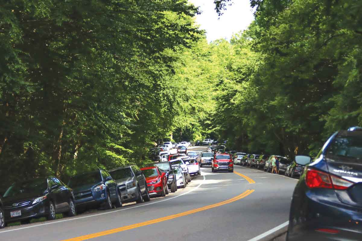 On a Saturday in July 2020, cars line both sides of Newfound Gap Road near the trailhead for Alum Cave Trail. NPS photo