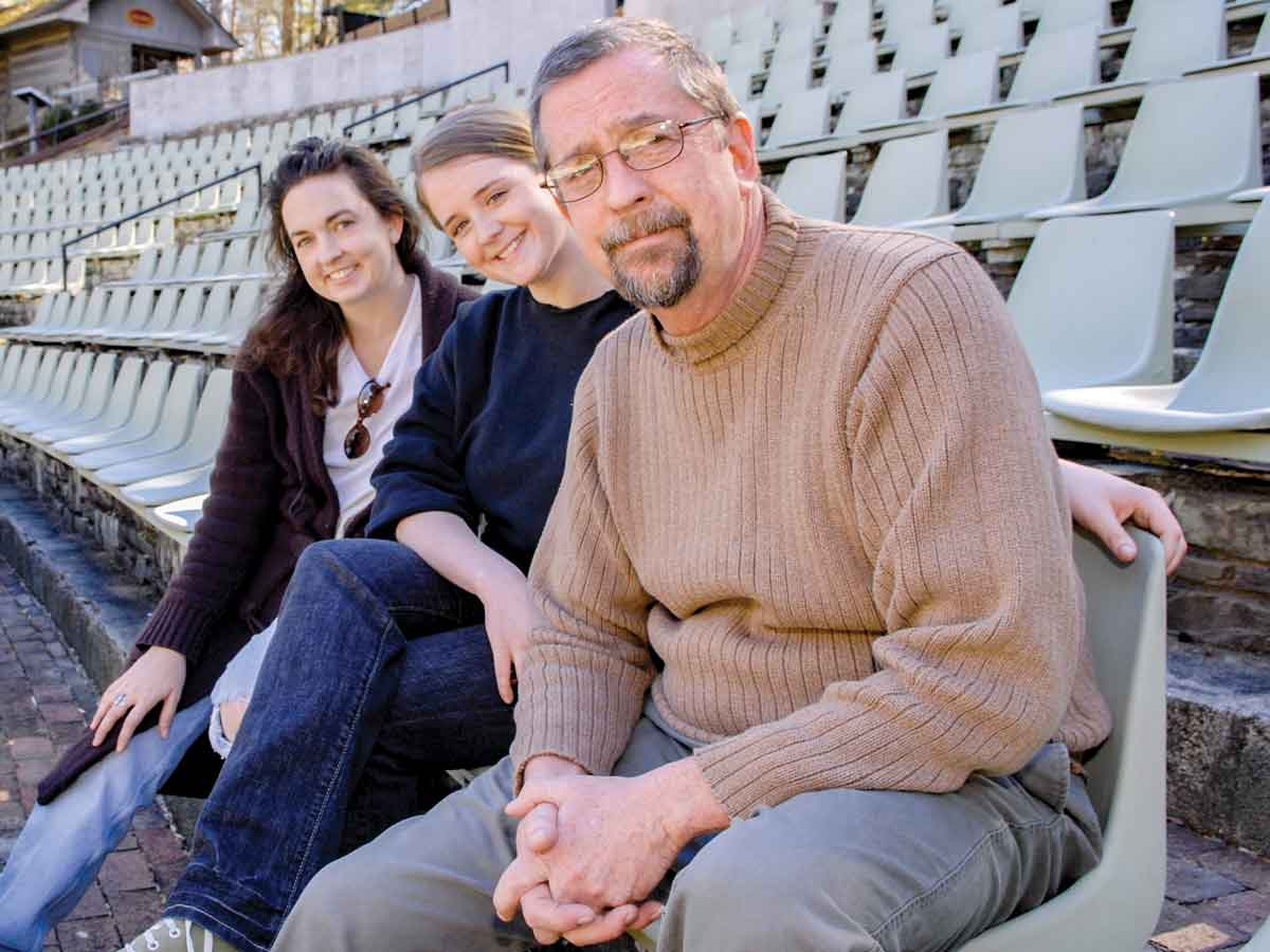 Stephen Michael Ayers (from right), daughter Maribeth Ayers Stickel and Melody Huddleston, former costume shop supervisor and current budget officer for the Belcher College of Fine and Performing Arts, worked together at the Cherokee Mountainside Theatre in 2007. Donated photos 