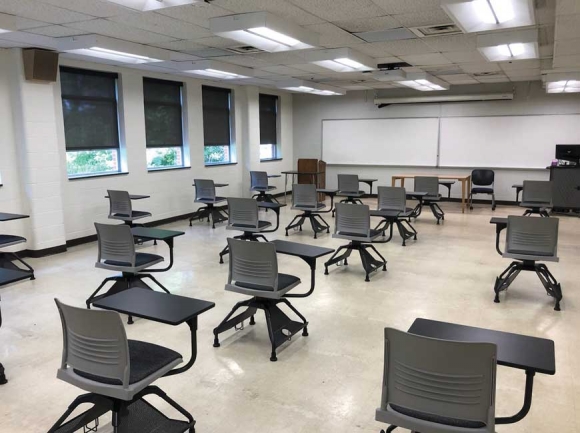 A shots of a classroom in Killian shows the results of efforts to set the stage for social     distancing in WCU’s classrooms this fall. WCU photo
