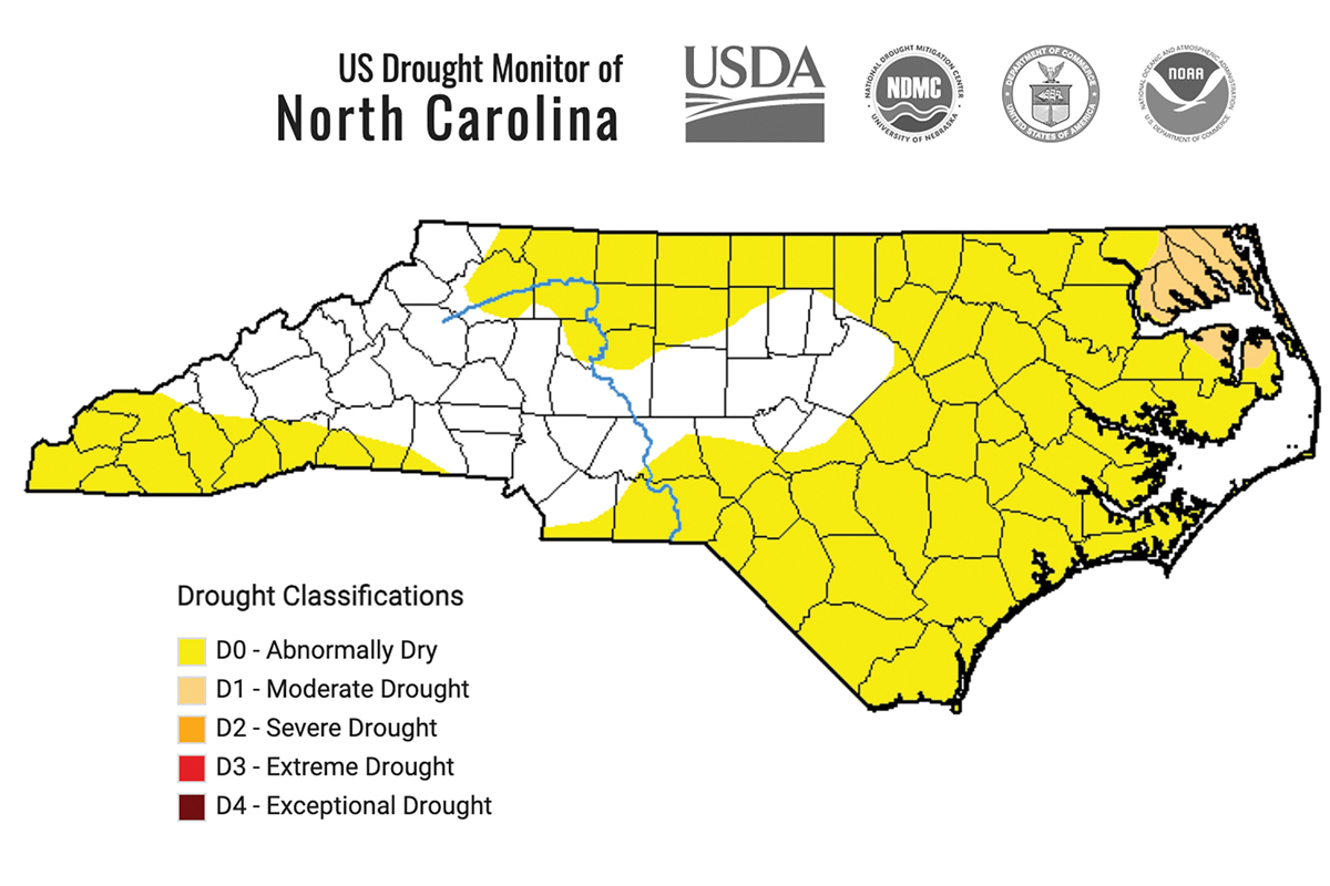 The westernmost part of the state has been categorized as abnormally dry. Source: ncdrought.com