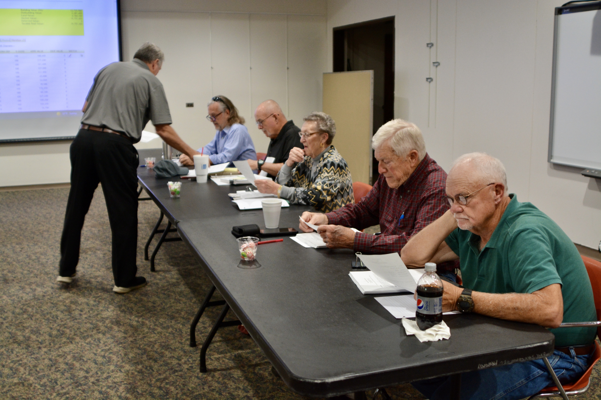 Haywood County Board of Equalization and Review members (left to right) Jonathan Sears, Chairman Jimmy Flynn, Evelyn Cooper, Ted Carr and Skipper Russell met on the morning of June 2 to consider Pactiv Evergreen’s reappraisal request. 