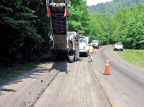 A paving truck gets to work in the Great Smoky Mountains National Park. NPS photo