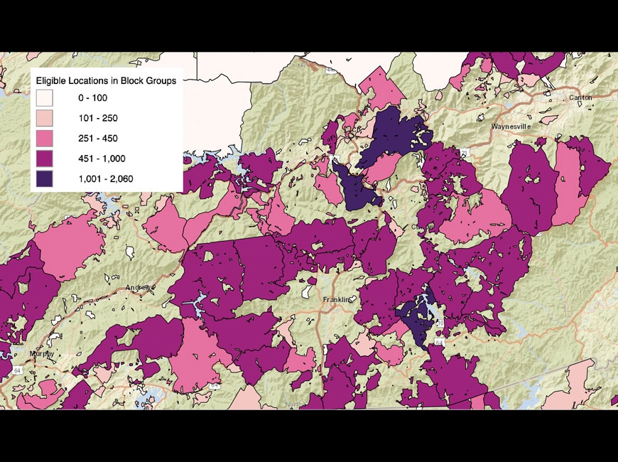 Western North Carolina census blocks eligible for Rural Digital Opportunity Fund are denoted in shades of red. FCC map