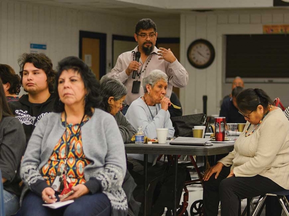 Bo Lossiah voices his thoughts on language preservation at the EBCI Language Symposium Jan. 31. Holly Kays photo