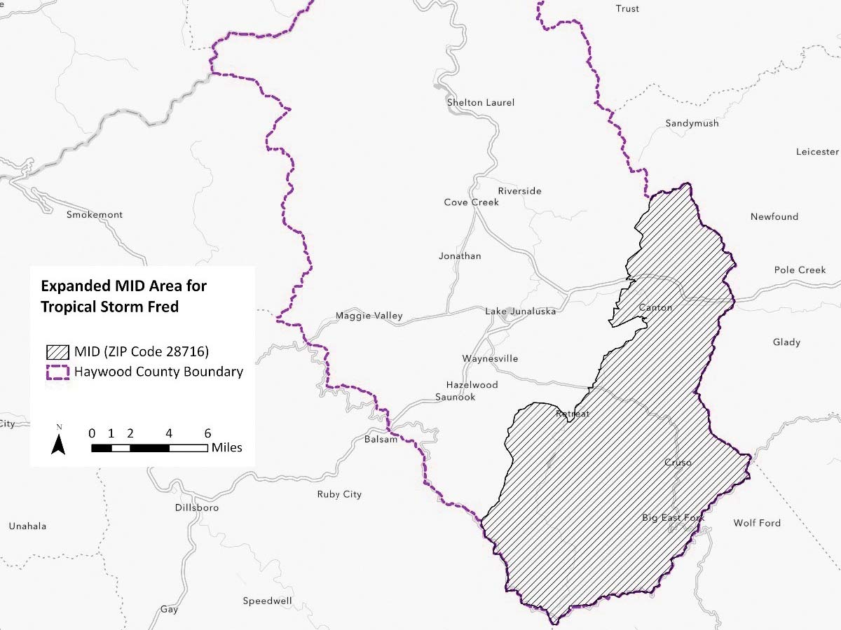 This map shows the borders of Haywood County, along with the most impacted and distressed (MID) section. NCORR photo