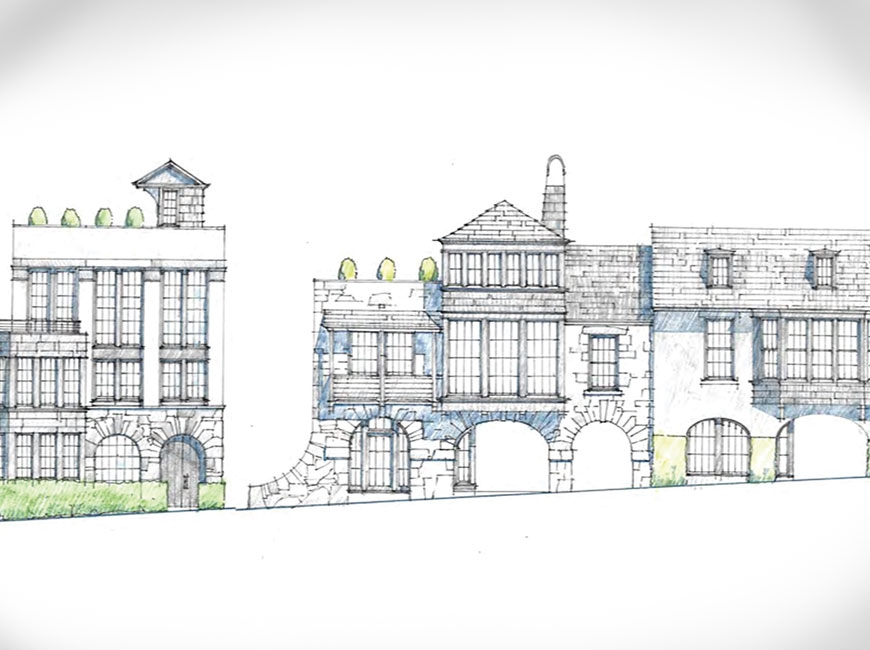 Renderings for housing units in the proposed development show multi-story stone buildings with plentiful windows. Lew Oliver Inc rendering