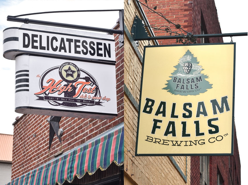 Left: The High Test Deli &amp; Sweet Shop in Bryson City. Right: Balsam Falls Brewing Company in Sylva. 