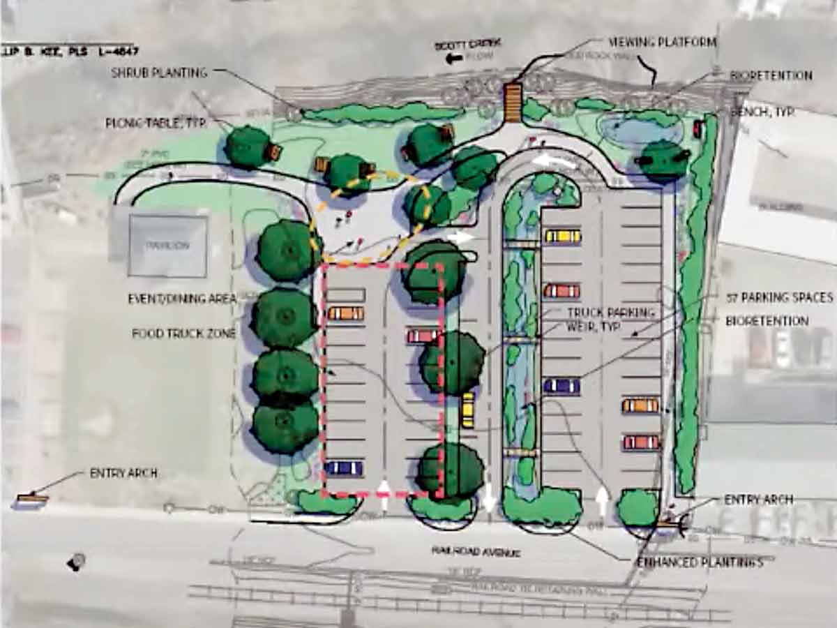 The conceptual designs for improvements at Bridge Park include a bioretention pond. 