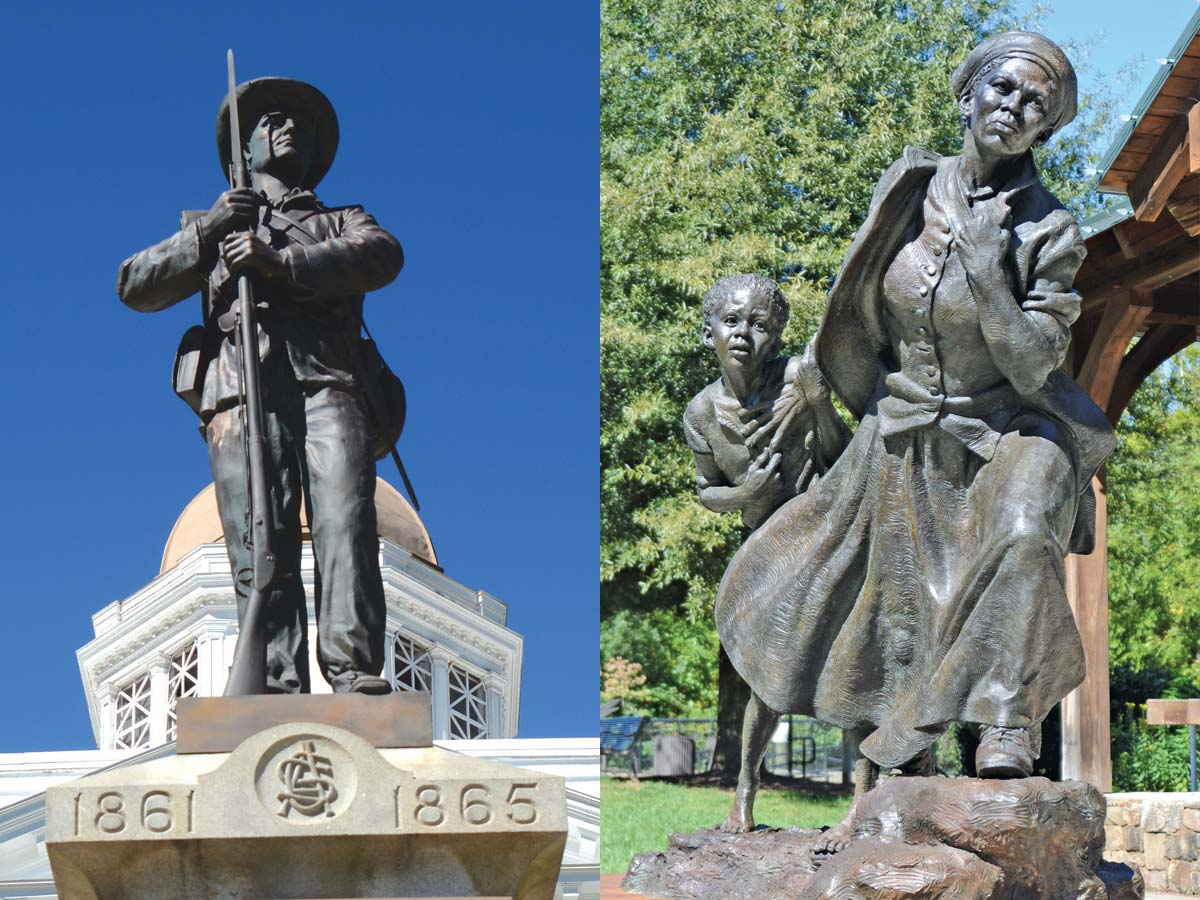 This fall, the century-old Confederate soldier statue (left) and newly created sculpture depicting Harriet Tubman (right) painted a clear contrast in downtown Sylva. Holly Kays photos