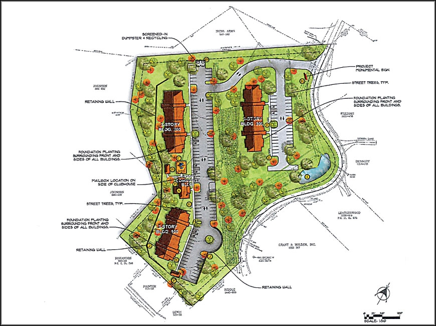 As proposed, The Bluffs would add 150 bedrooms in a three-building, 75-unit apartment complex on Savannah Drive.  Martin Riley Associates image