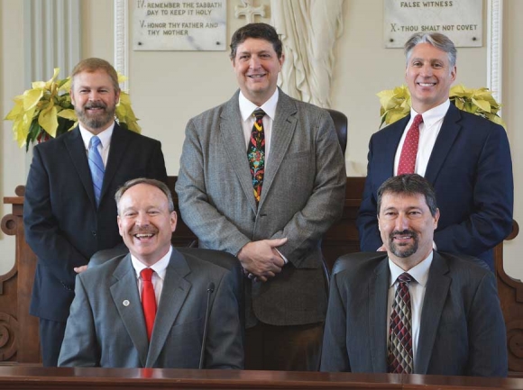 Haywood’s two new commissioners (front, left to right) Tommy Long and Mark Pless are joined by incumbents (rear, left to right) Brandon Rogers, Chairman Kevin Ensley and Kirk Kirkpatrick. Cory Vaillancourt photo