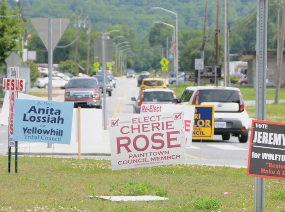 Election signs pepper the roundabout at Acquoni Road in Cherokee during the 2017 Tribal Council election season. Holly Kays photo