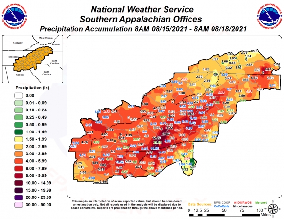 The heaviest rainfall was concentrated along the Haywood-Transylvania and Jackson-Transylvania county lines.  
