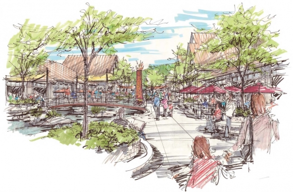 Designed by Johnson Architecture and IBI Placemaking, the Cherokee Cultural Corridor Plan includes a “maker’s space” and public mall, among other features. Johnson Architecture illustration