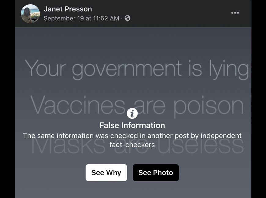 Independent fact-checkers have debunked a number of Janet Presson’s Facebook posts, including this one from July, 2020. Facebook photo