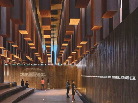 More than 800 columns bearing the names of counties where lynchings took place, including Buncombe, Haywood, Graham and Macon, hang at the National Memorial for Peace and Justice. NMPJ photo