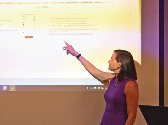 WCU’s Dr. Angela Dills unveils the N.C. Data Dashboard at a meeting of the Mountain West Partnership June 6. Cory Vaillancourt photo