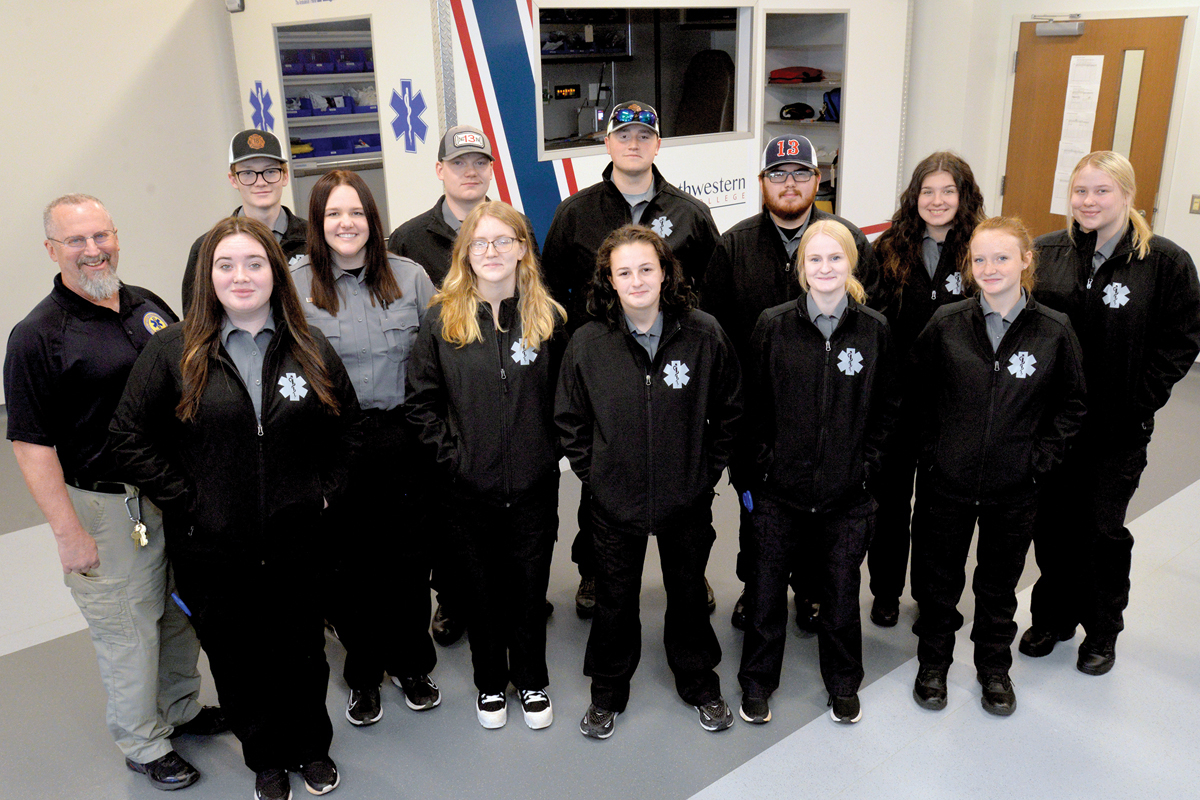 Franklin High School students who will soon complete their Emergency Medical Technician classes include, front row (from left):  Alyssa Staples, Emma Worley, Hannah Montney, Lillian Whitesides, Britney Cross and Adrian McKinley. Back row: Eric Hester (SCC’s EMS Program Director), Trenton Kirchman, Josh Mason, Chris Tejki, Zach Styles, Maggie Collins and Sarah Rondel. SCC photo