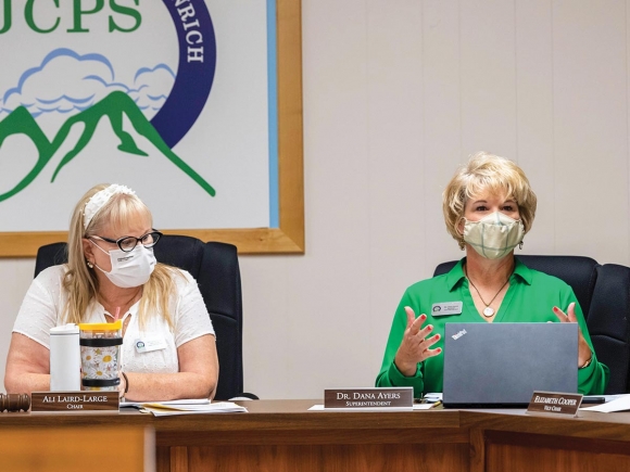 Jackson County School Board Chairwoman Alli Laird-Large (left) and Superintendent Dr. Dana Ayers during discussion of masking options for the upcoming school year.