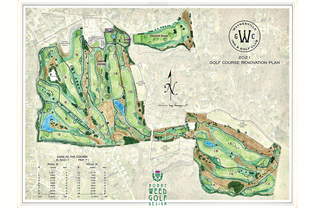 A map of the Waynesville Inn and Golf Club’s recently renovated course shows two areas, off the 10th and 12th fairways where developers want to build 25 new homes. Raines Company photo